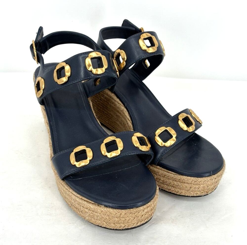 Larroudé Milan Espadrille Wedge Sandals Navy Blue Leather Women's 11